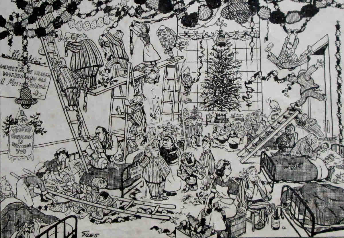 A 1955 Giles cartoon of a hospital ward at Christmas. What gives meaning to life?