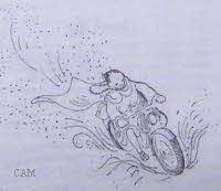 Pencil drawing of a Priest on a motorbike. East African Colonialism out in the bush.