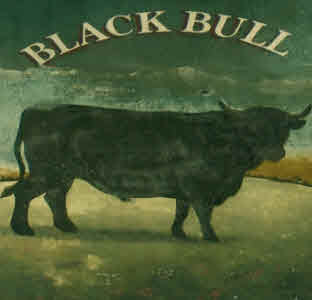 A Black Bull pub sign.