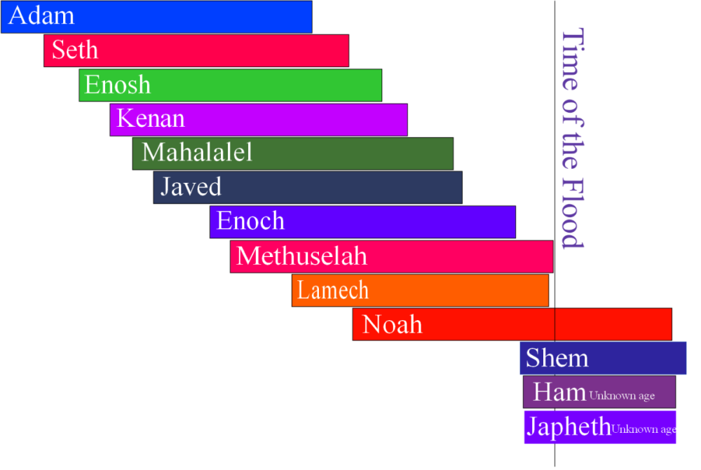 A graph of the timelines of Adam to the flood, showing length of life and sons. Noah's relatives, the Flood and Table of Nations 
