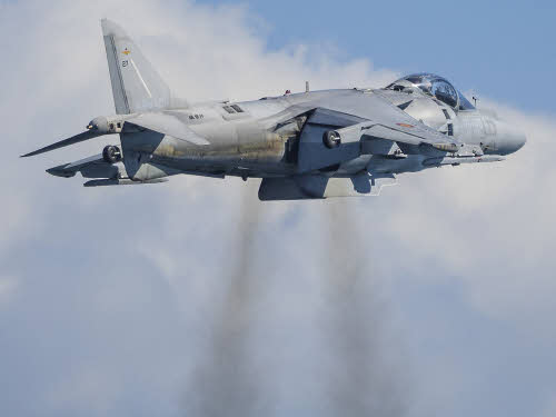 Harrier jump jet hovering in the air.