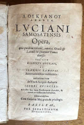 Title page of a 1619 Latin translation of Lucian's complete works.