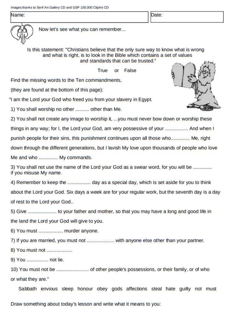 Lifestyle and moral principles worksheet 2 shows that the Bible tells us what is wrong and right, and runs through the Ten Commandments.