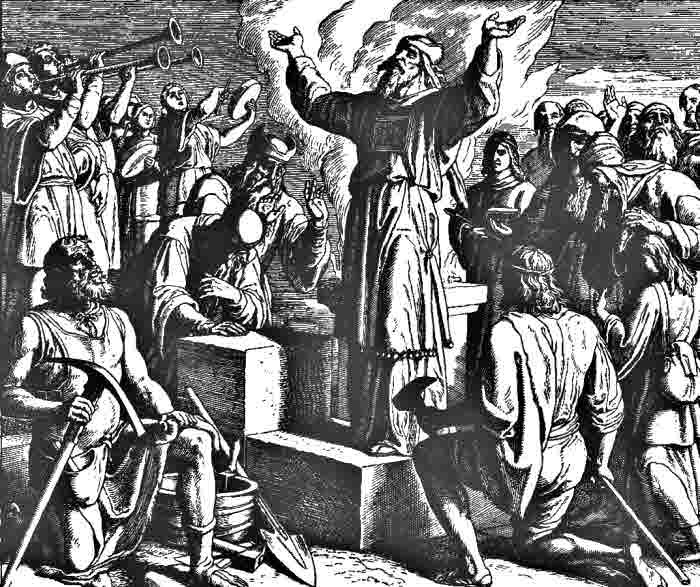 1860 Woodcut of Ezra preaching for the bible in pictures. Timeline leading up to Jesus Christ. What were the events that led up to Jesus' birth covering 600 years?