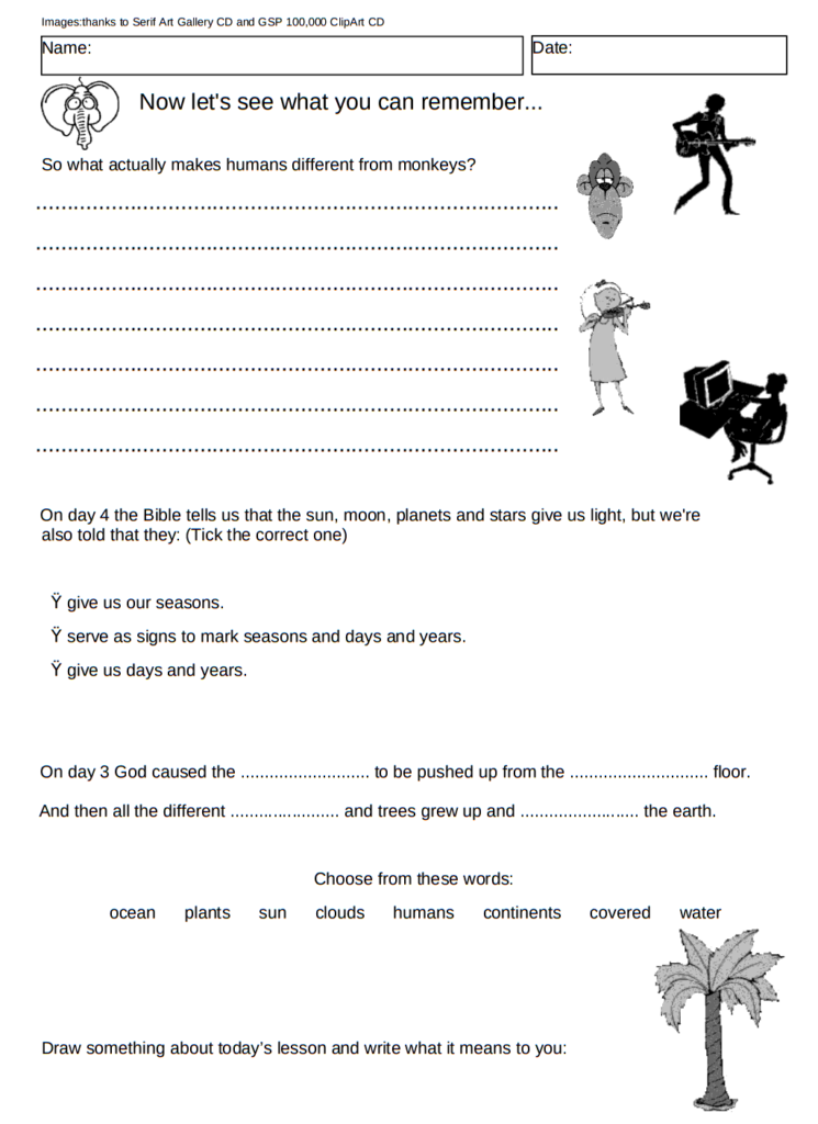 The Biblical Creation story worksheet 2 asks what makes humankind different to the animals, what marks seasons, days and years. 