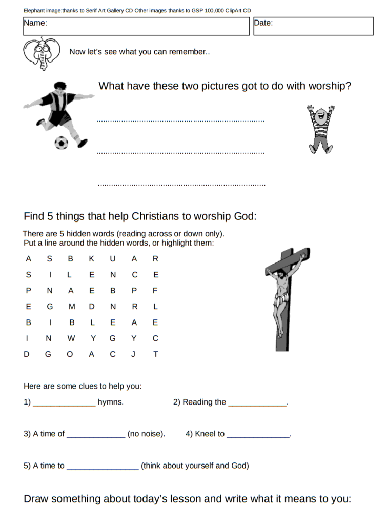 What is Christian worship worksheet covers: Similarities of a football match or concert and a worship service. Things that help worship: singing, silence, Bible, pray, reflect.