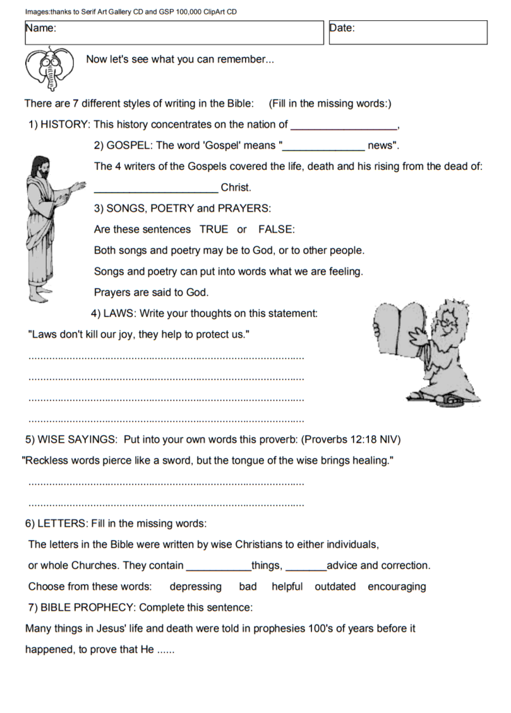 Worksheet showing that the Bible contains: history, songs, prayers, poetry, gospels, wise sayings, letters and Bible prophesy.