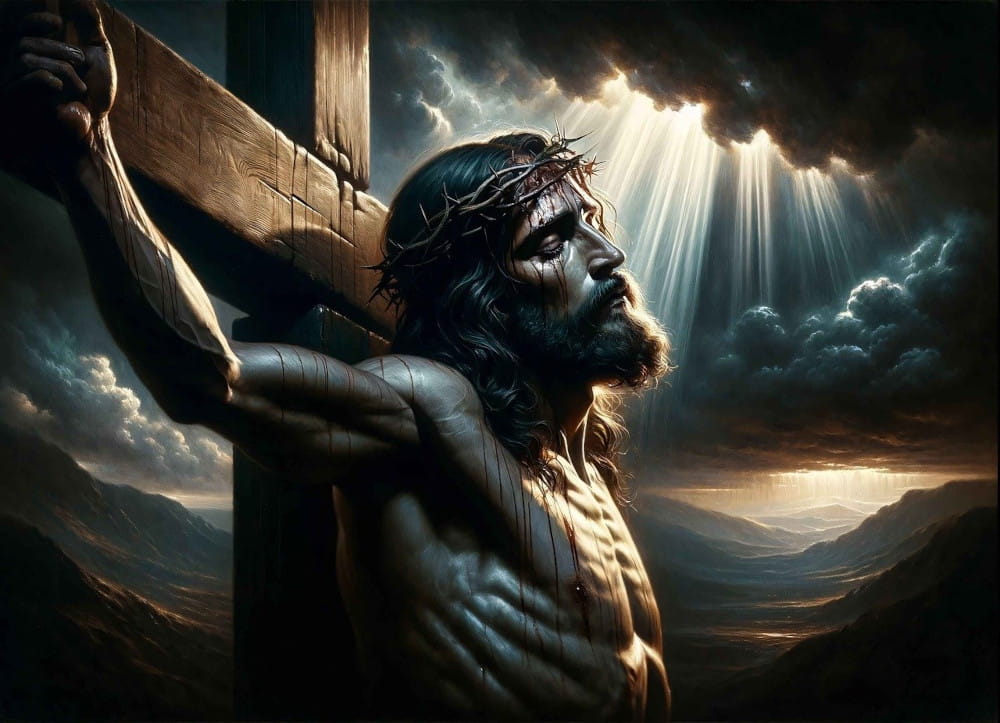 Jesus Christ on the cross with thorns and a dark sky. Articles on Jesus Christ from the Bible, non Christian evidence, Bible Truths revealed and personal faith.