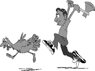 Cartoon man chasing chicken with an axe