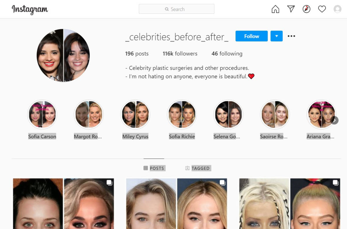 Celebrities on Instagram showing search results.