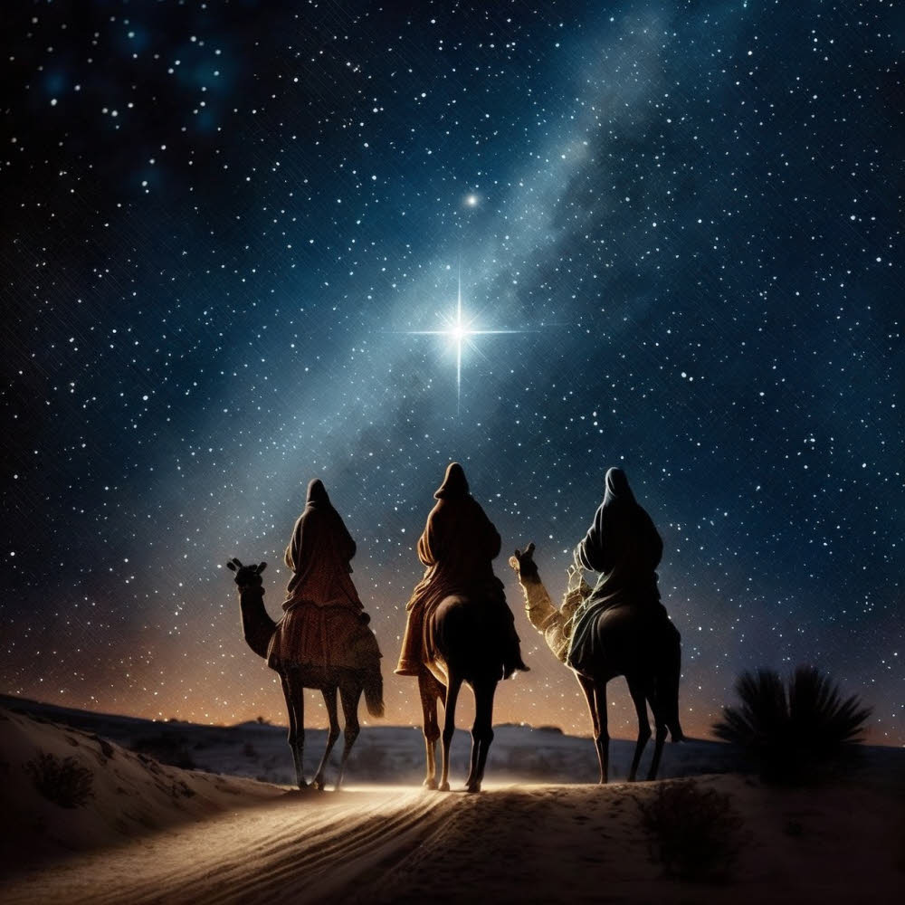 Three Magi on camels following the star. Christmas explained lesson plan.