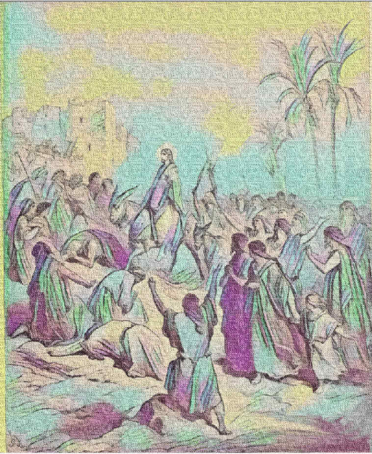 Jesus on a donkey with crowds worshipping him.